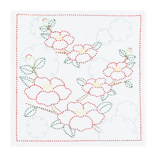 a floral pattern with red and green flowers, along with green leaves, arranged in a decorative manner.