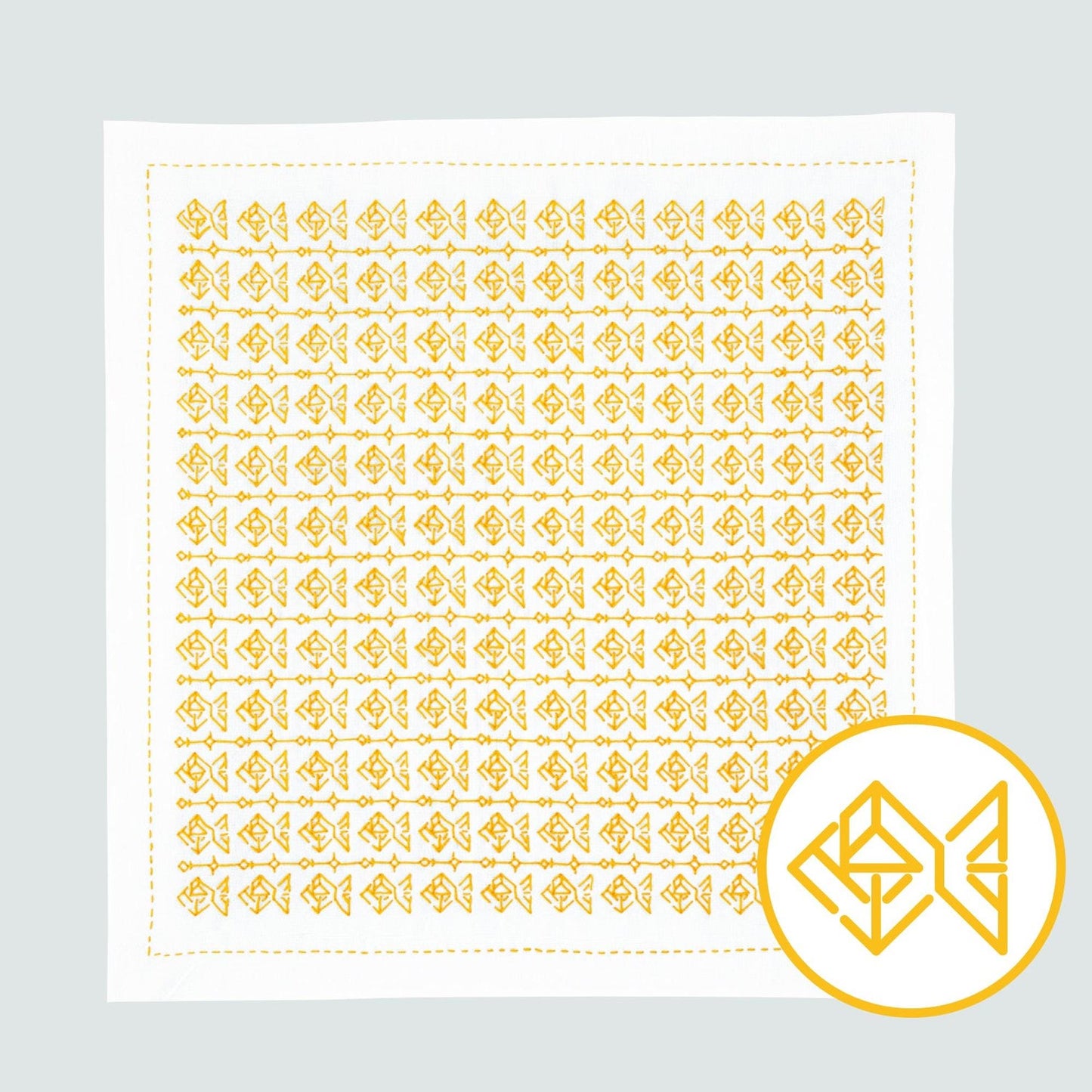a square with a repeating pattern of yellow fish-like shapes on a white background.