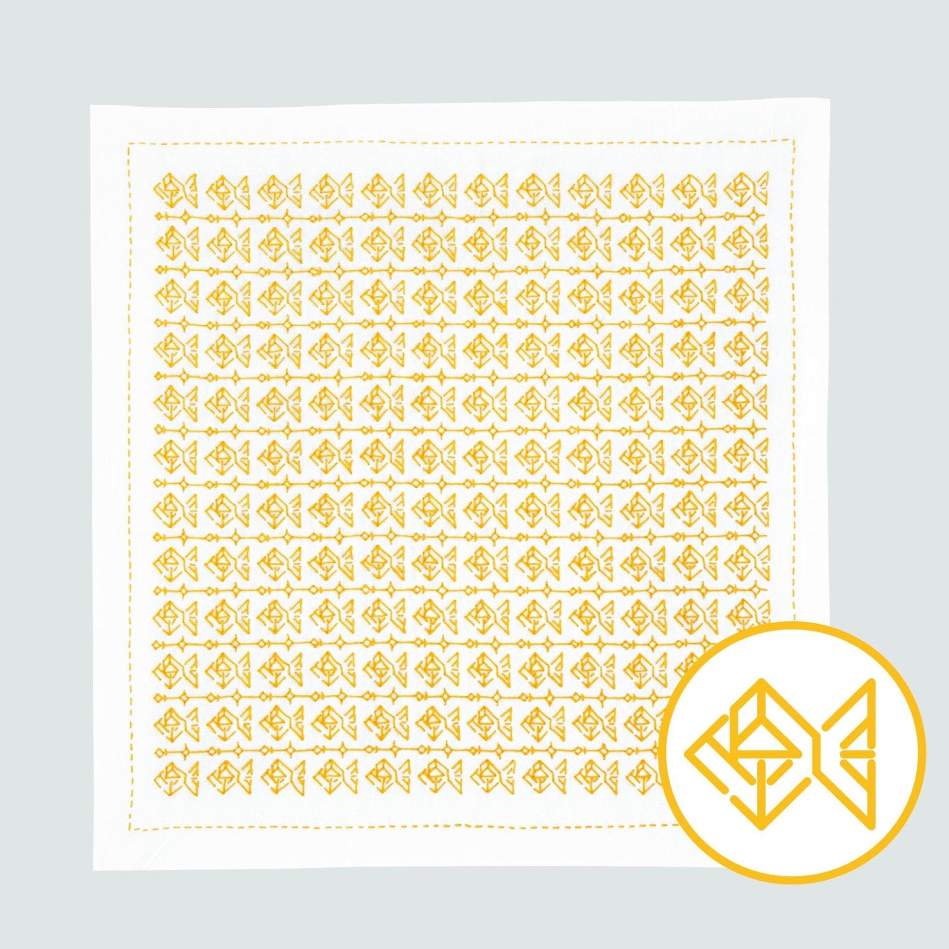a square with a repeating pattern of yellow fish-like shapes on a white background.