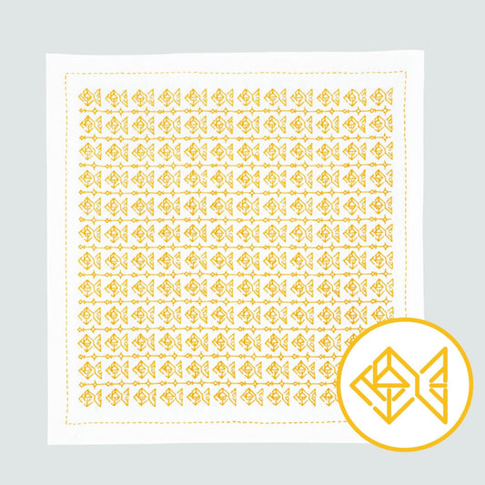 a square with a repeating pattern of yellow fish-like shapes on a white background.