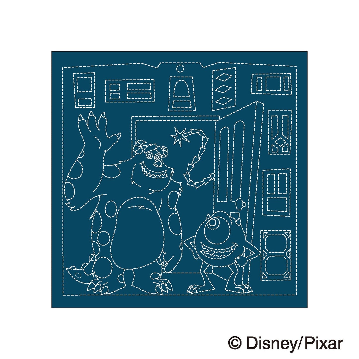 A blue illustration featuring various cartoon characters, including a large monster and smaller creatures, set against a dark background with dotted shapes and lines.