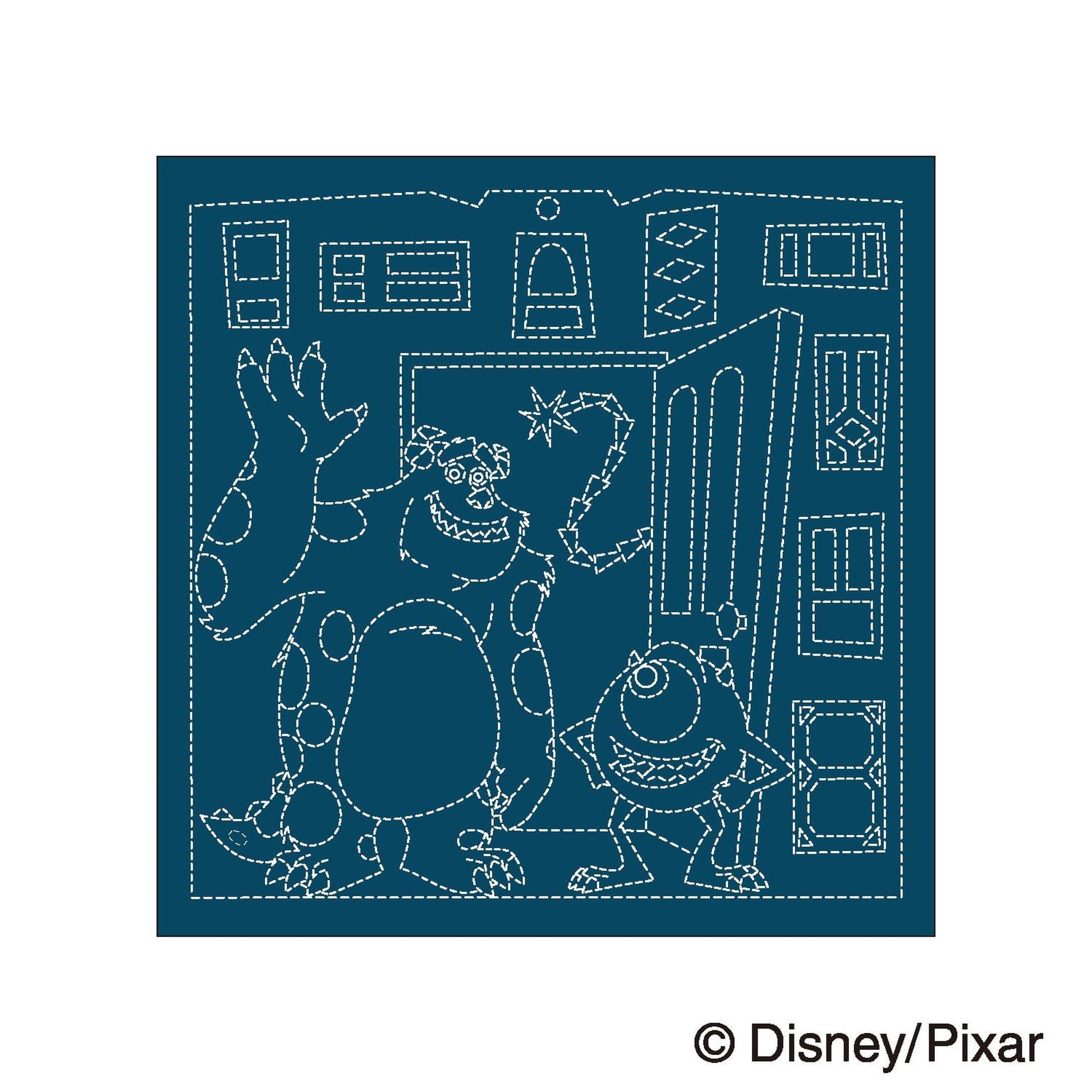 A blue illustration featuring various cartoon characters, including a large monster and smaller creatures, set against a dark background with dotted shapes and lines.