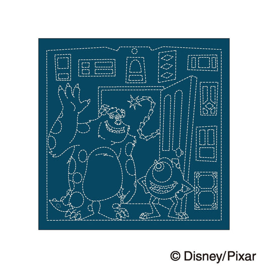 A blue illustration featuring various cartoon characters, including a large monster and smaller creatures, set against a dark background with dotted shapes and lines.