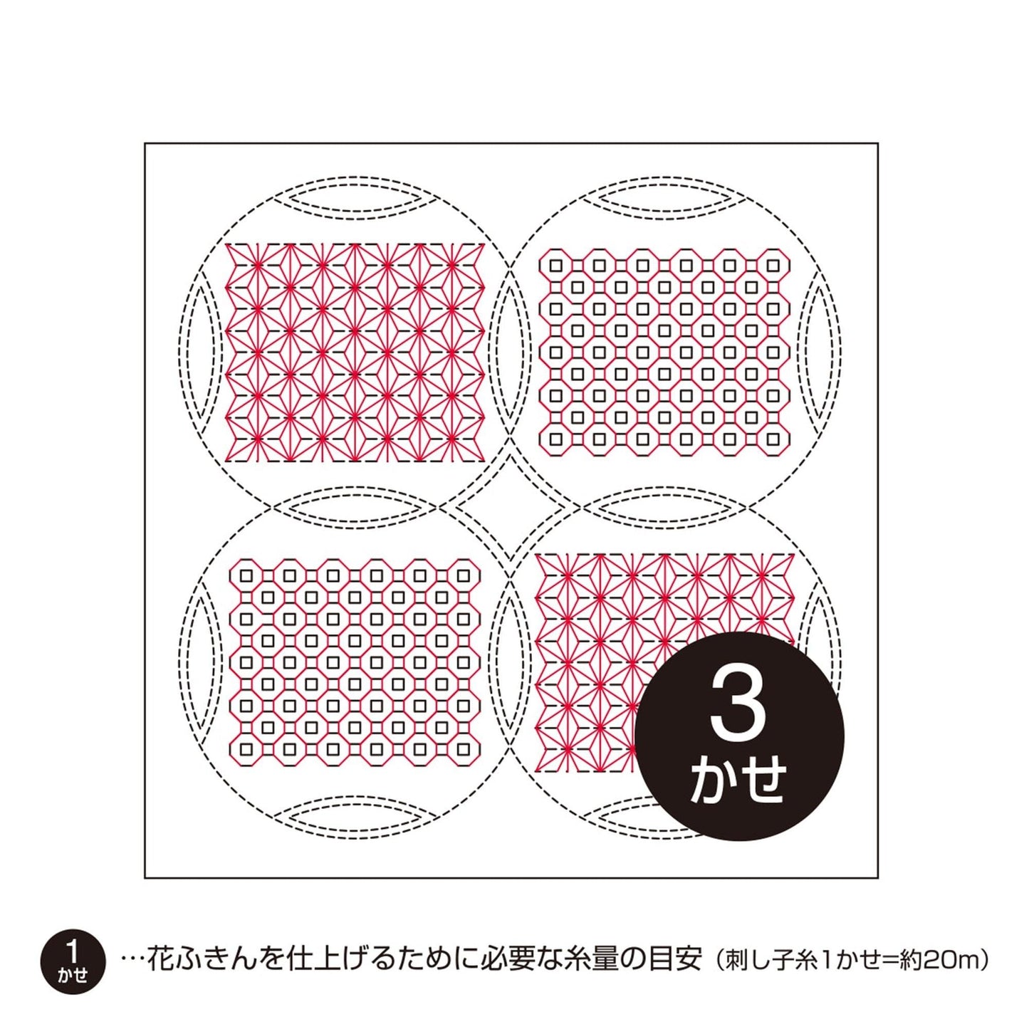 The image is a square with four circles arranged in a square grid pattern, each containing a red and white geometric design. The image is labeled with the number "3" and some text in Japanese.