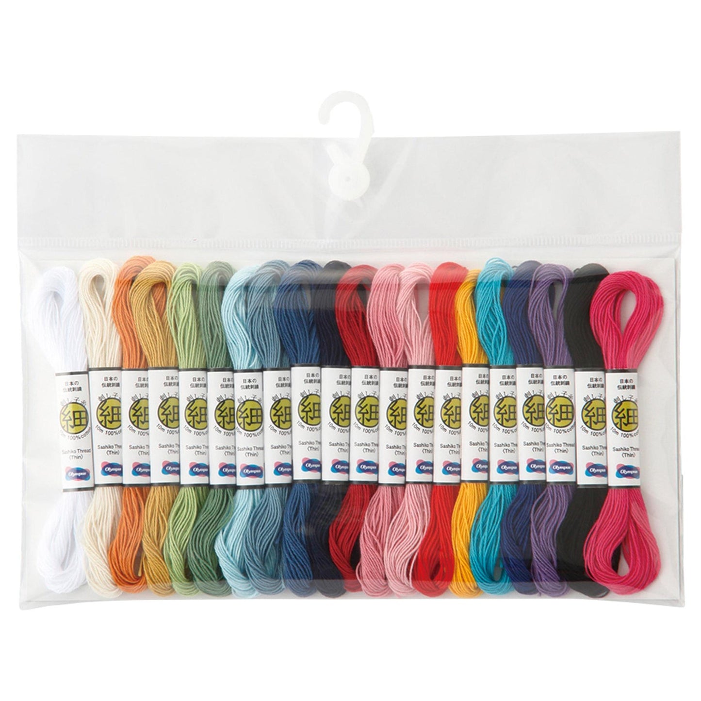 A clear plastic bag containing a variety of colorful spools of thread, organized in rows.
