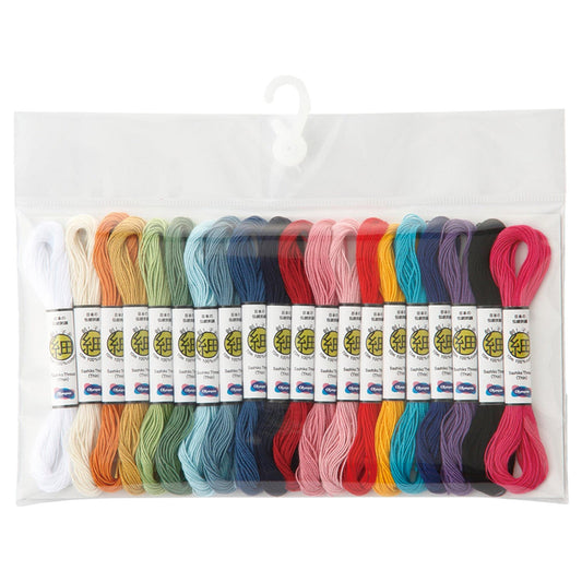 A clear plastic bag containing a variety of colorful spools of thread, organized in rows.