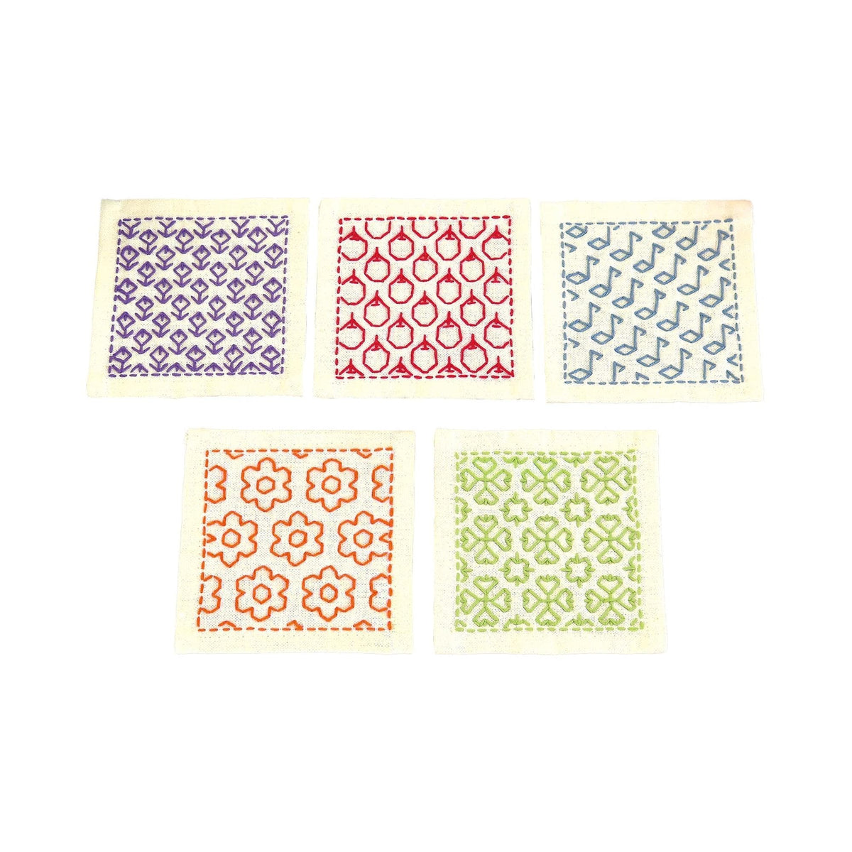 five square pieces of fabric with different patterns and colors, arranged in a row.