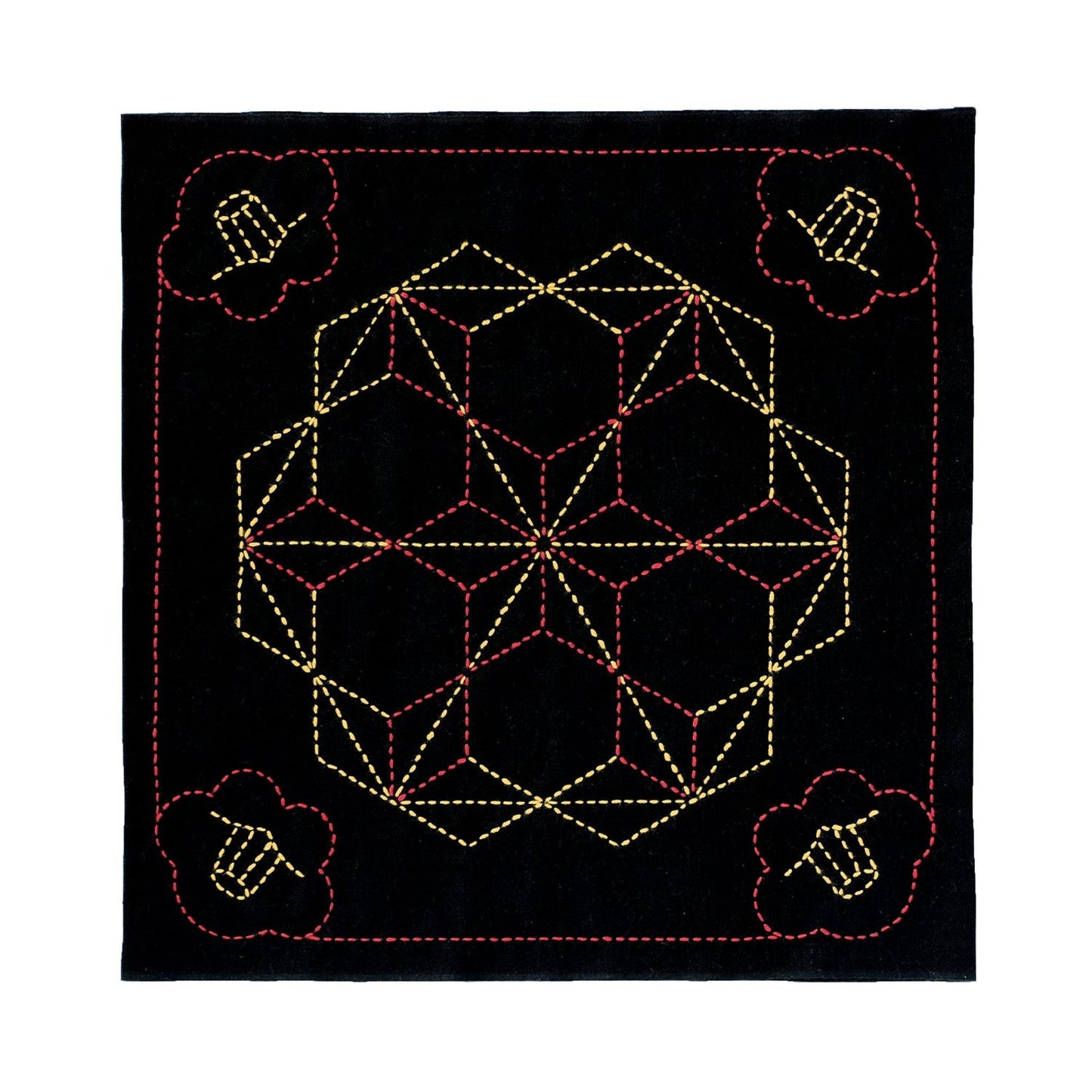 a square with a geometric pattern of yellow and red lines and shapes, including a flower-like design on the left side.