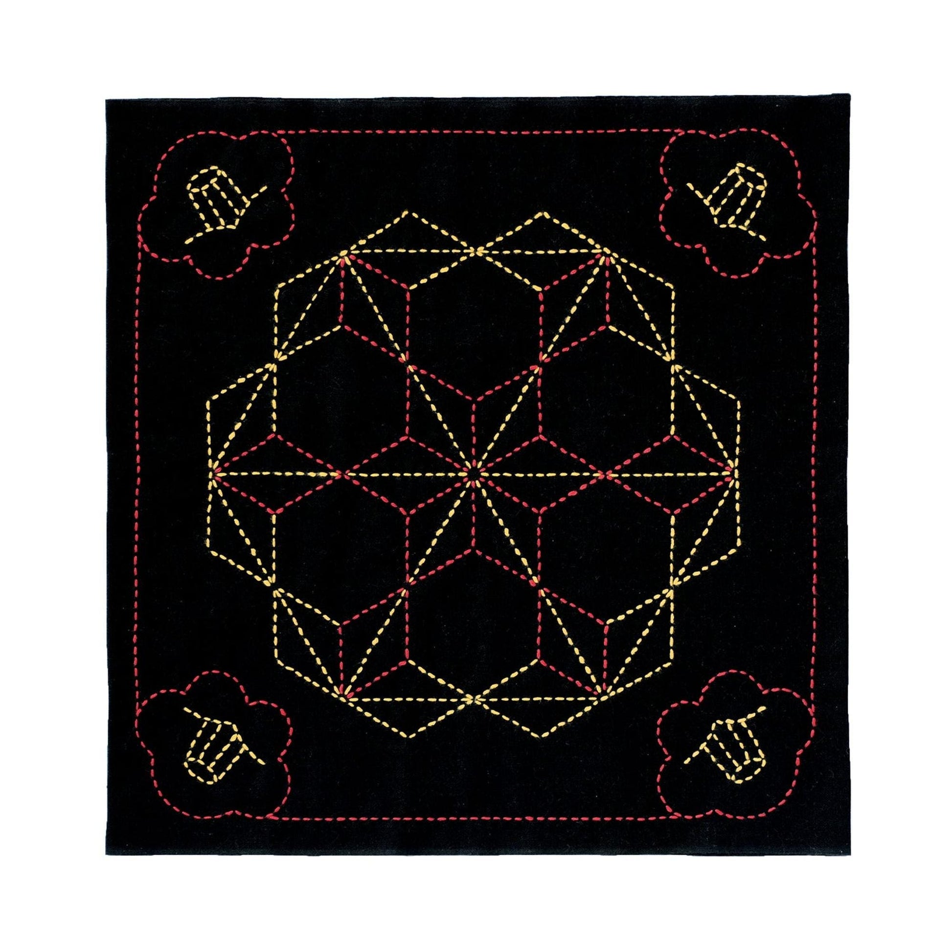 a square with a geometric pattern of yellow and red lines and shapes, including a flower-like design on the left side.