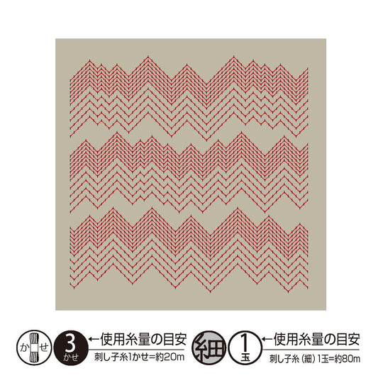 The image is a square with a repeating pattern of red zigzag lines on a beige background.