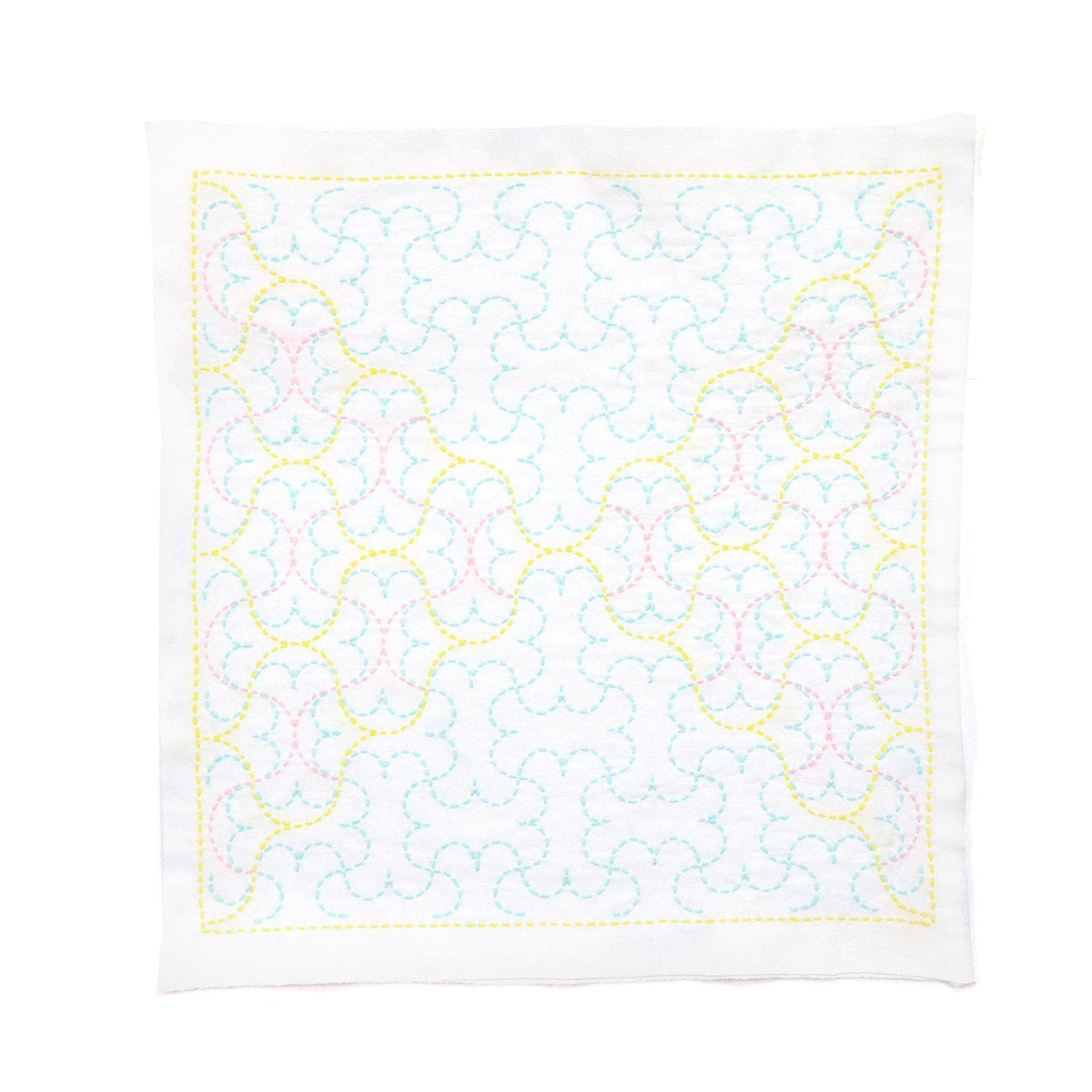 a square-shaped piece of fabric with a repeating pattern of blue and yellow lines, creating a visually striking and intricate design.
