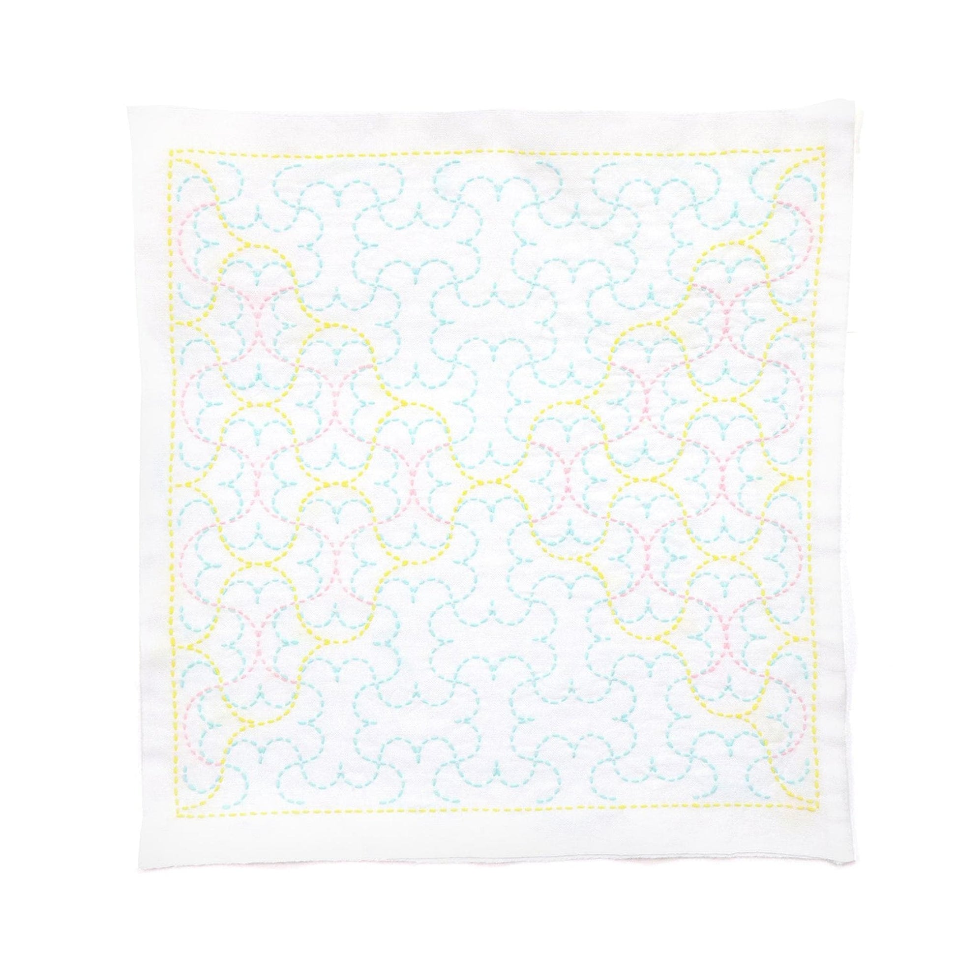 a square-shaped piece of fabric with a repeating pattern of blue and yellow lines, creating a visually striking and intricate design.