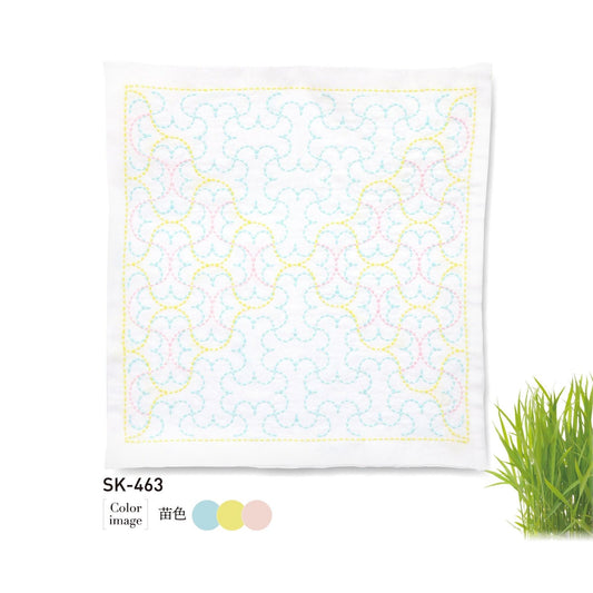 a square piece of fabric with a repeating pattern of blue and yellow circles, and it is labeled as SK-463.