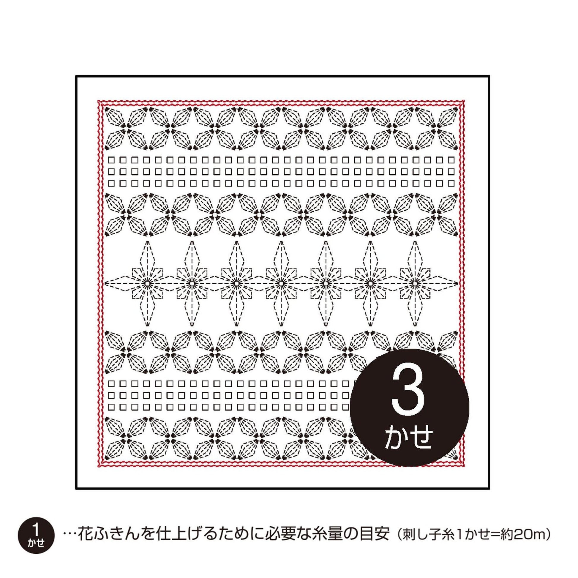 The image is a square with a repeating pattern of black and white flowers and leaves. The pattern is outlined in red and includes a number 3 in the center.