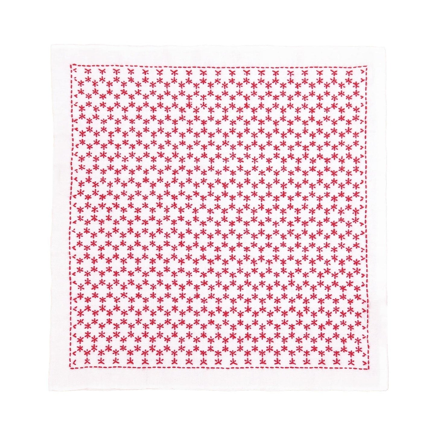 a square-shaped fabric with a repeating pattern of red stars on a white background.