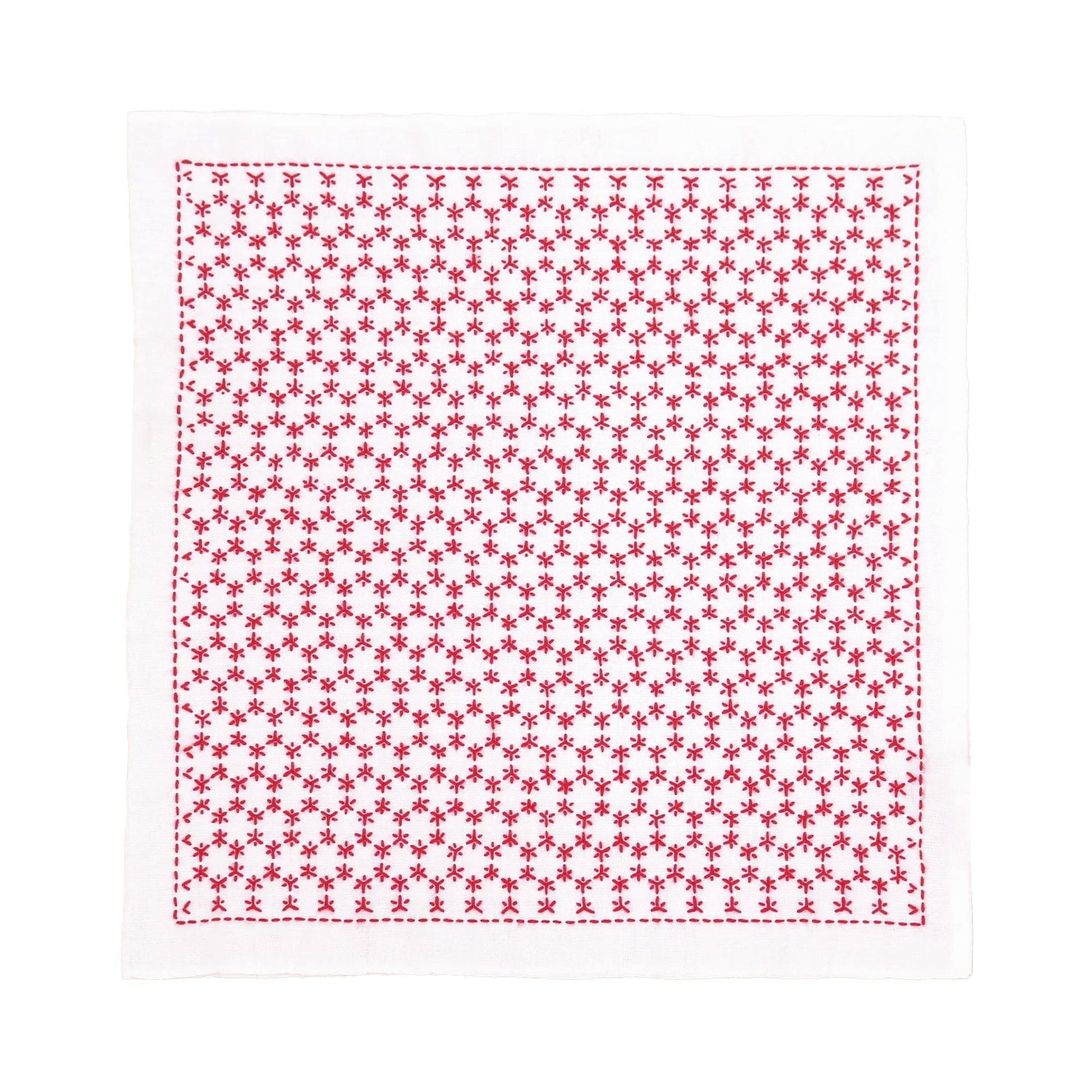 a square-shaped fabric with a repeating pattern of red stars on a white background.
