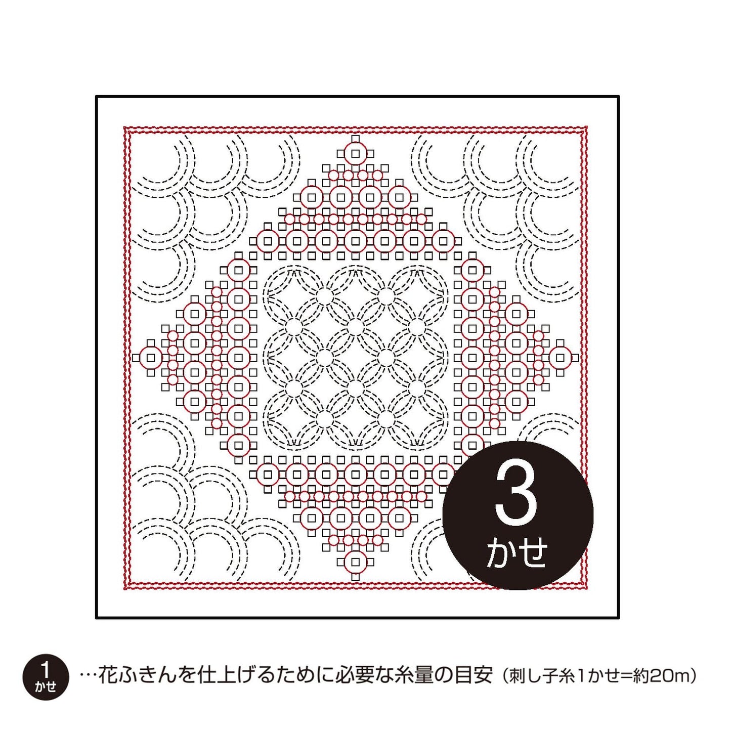The image is a square with a repeating pattern of circles and lines in red and white. The pattern is intricate and detailed, with a large central circle surrounded by smaller circles and lines. The image is described as a "cross-stitch pattern" and is labeled with the number "3" in the bottom right corner.