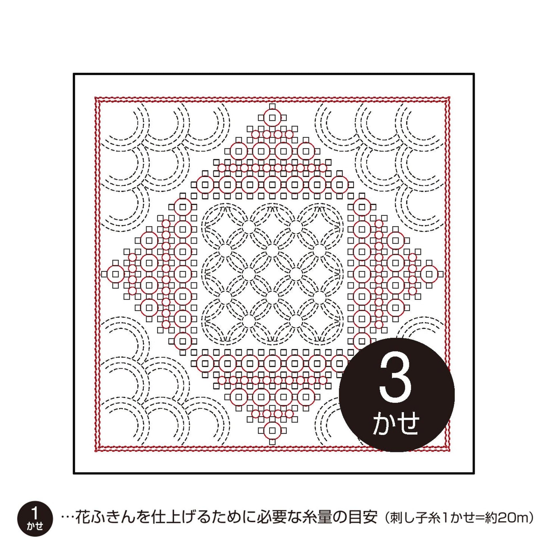 The image is a square with a repeating pattern of circles and lines in red and white. The pattern is intricate and detailed, with a large central circle surrounded by smaller circles and lines. The image is described as a "cross-stitch pattern" and is labeled with the number "3" in the bottom right corner.