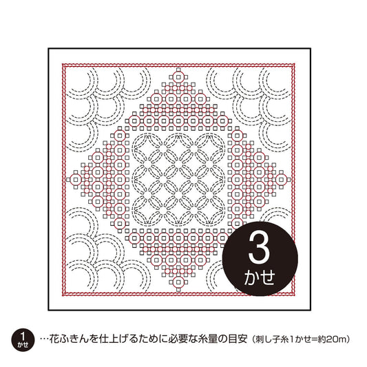 The image is a square with a repeating pattern of circles and lines in red and white. The pattern is intricate and detailed, with a large central circle surrounded by smaller circles and lines. The image is described as a "cross-stitch pattern" and is labeled with the number "3" in the bottom right corner.
