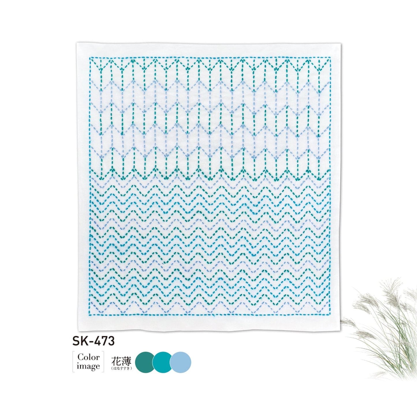 The image is a square with a repeating pattern of zigzag lines in shades of blue and white.