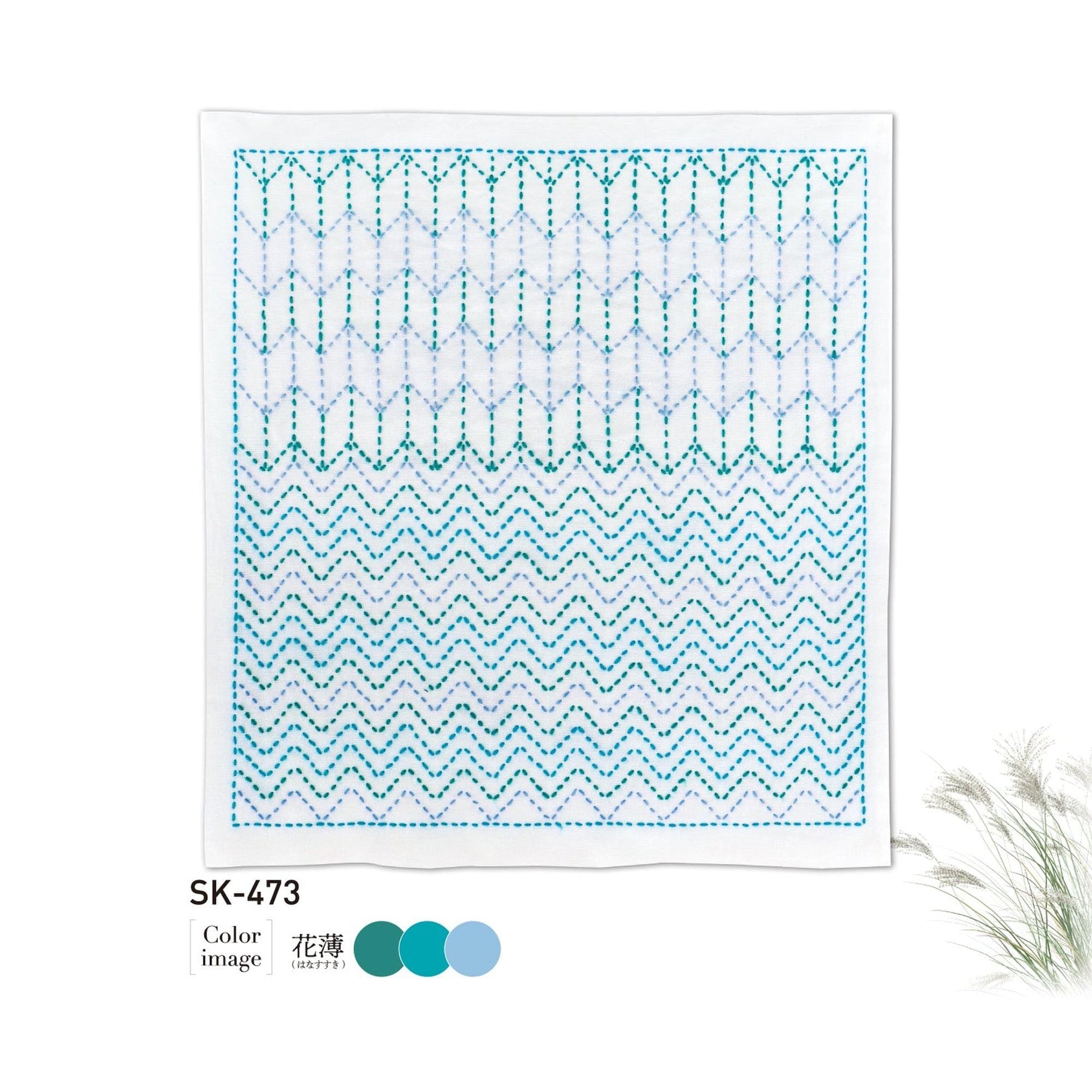 The image is a square with a repeating pattern of zigzag lines in shades of blue and white.