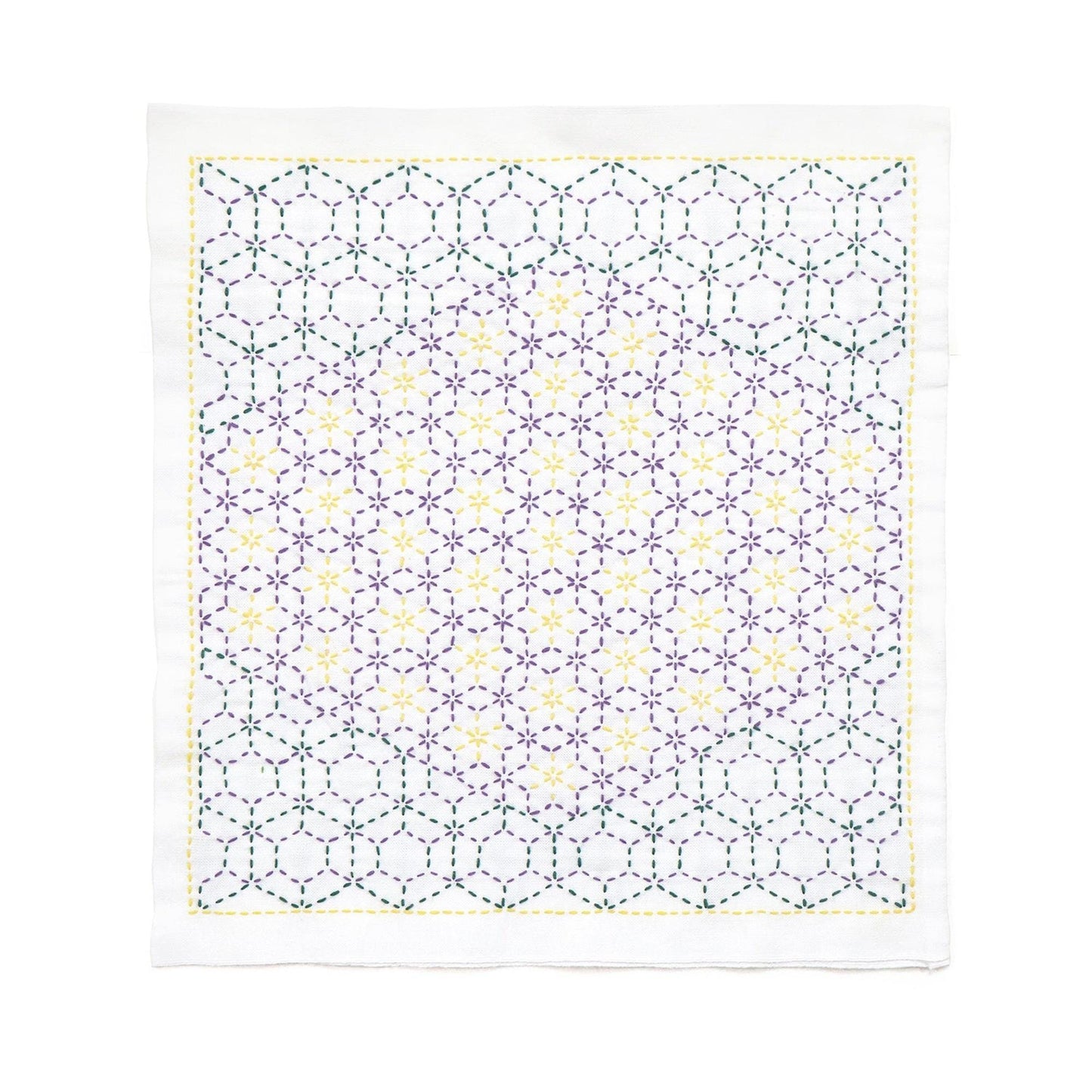 a square-shaped fabric with a repeating pattern of purple and yellow hexagons, creating a visually striking and intricate design.