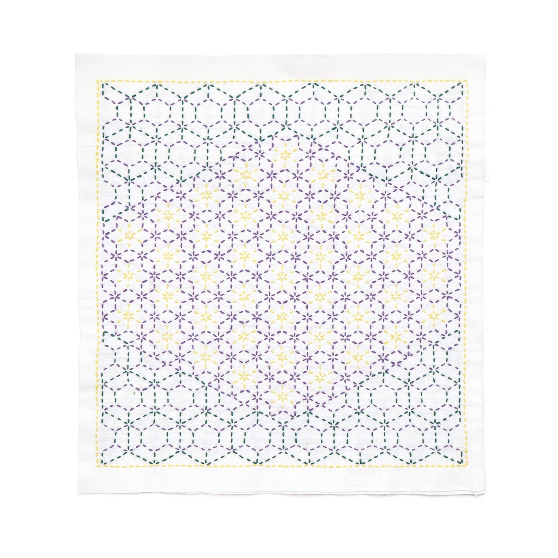 a square-shaped fabric with a repeating pattern of purple and yellow hexagons, creating a visually striking and intricate design.