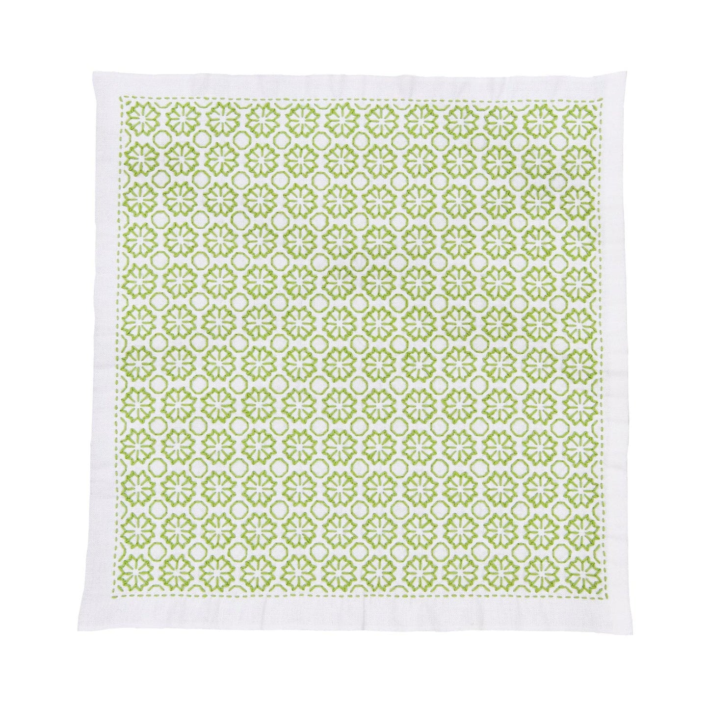 a square-shaped fabric with a repeating pattern of green flowers on a white background.