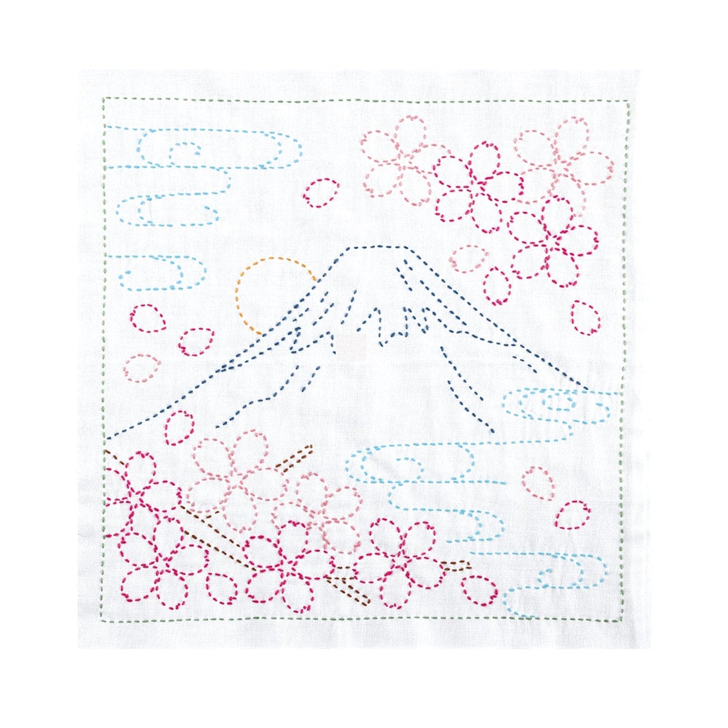 The image is a hand-stitched embroidered piece featuring a mountain landscape with flowers and clouds.