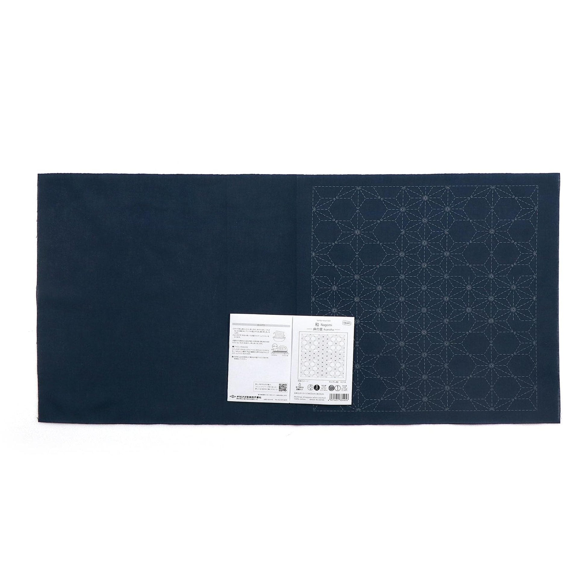 The image is a dark blue fabric with a white label attached to it, which appears to be a sewing or crafting material.