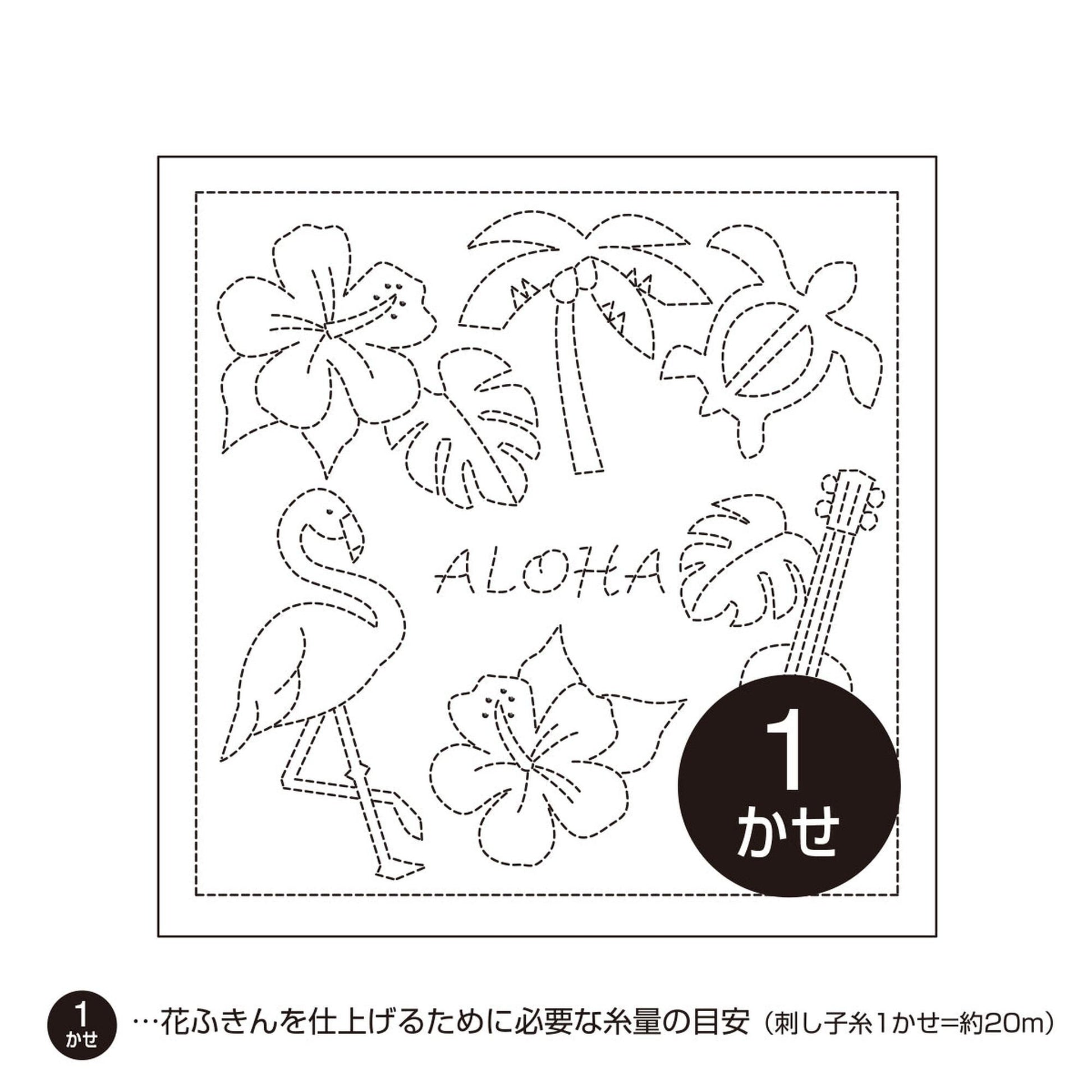 A black and white line drawing of various tropical flowers and palm trees, along with the word "ALOHA" written in the center.