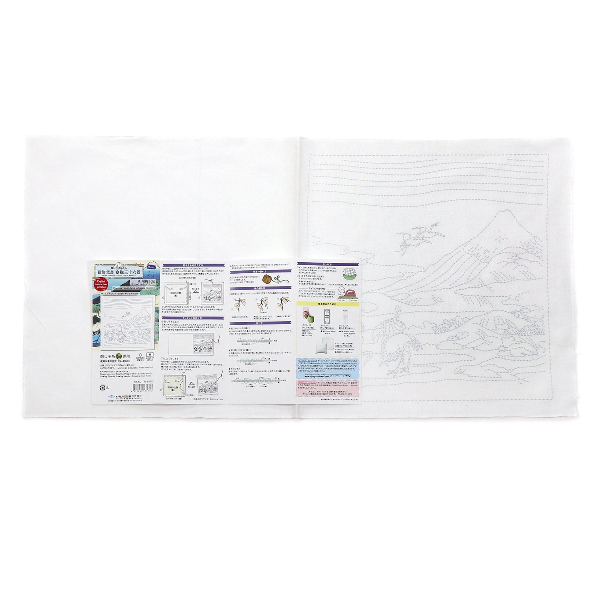 The image is a white cloth with instructions and illustrations for a sewing kit, including a detailed diagram of the kit and step-by-step instructions.