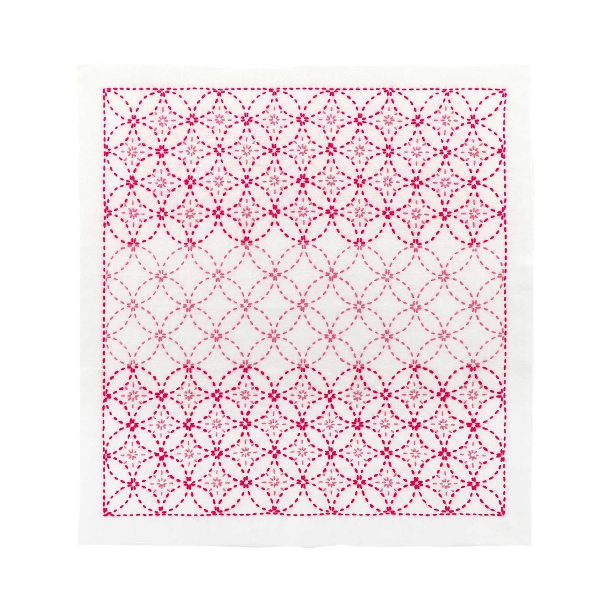 a square with a repeating pattern of red and white circles and lines, creating a visually striking and intricate design.