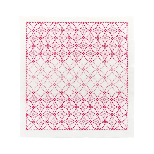 a square with a repeating pattern of red and white circles and lines, creating a visually striking and intricate design.