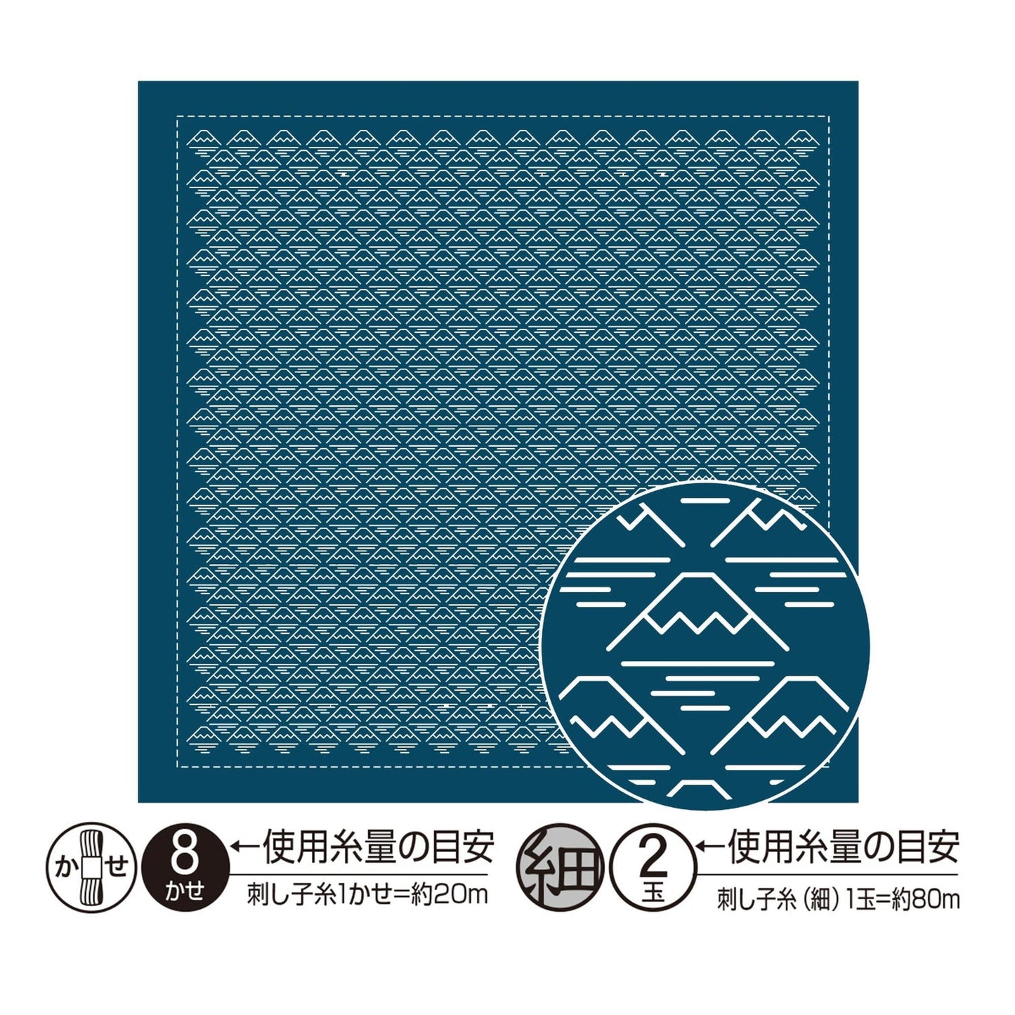 The image is a square with a repeating pattern of triangles in shades of blue and white. There is a circular design with a mountain pattern inside it, and some text in Japanese below the image.