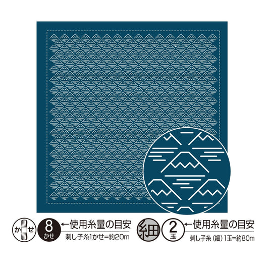 The image is a square with a repeating pattern of triangles in shades of blue and white. There is a circular design with a mountain pattern inside it, and some text in Japanese below the image.