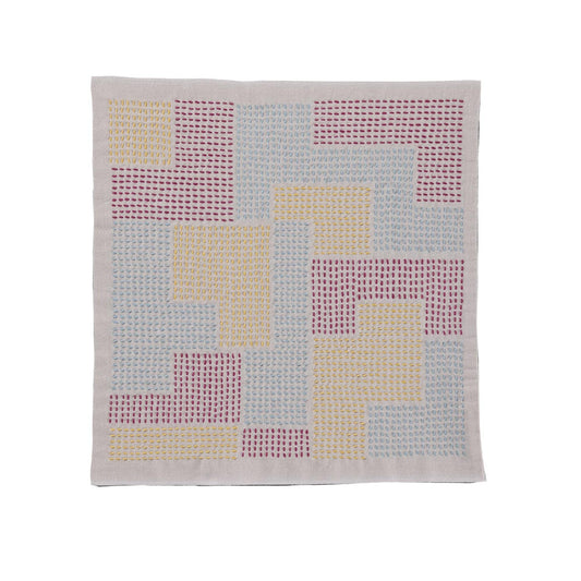 The image is a square with a geometric pattern composed of various shades of blue, yellow, and red dots and lines.