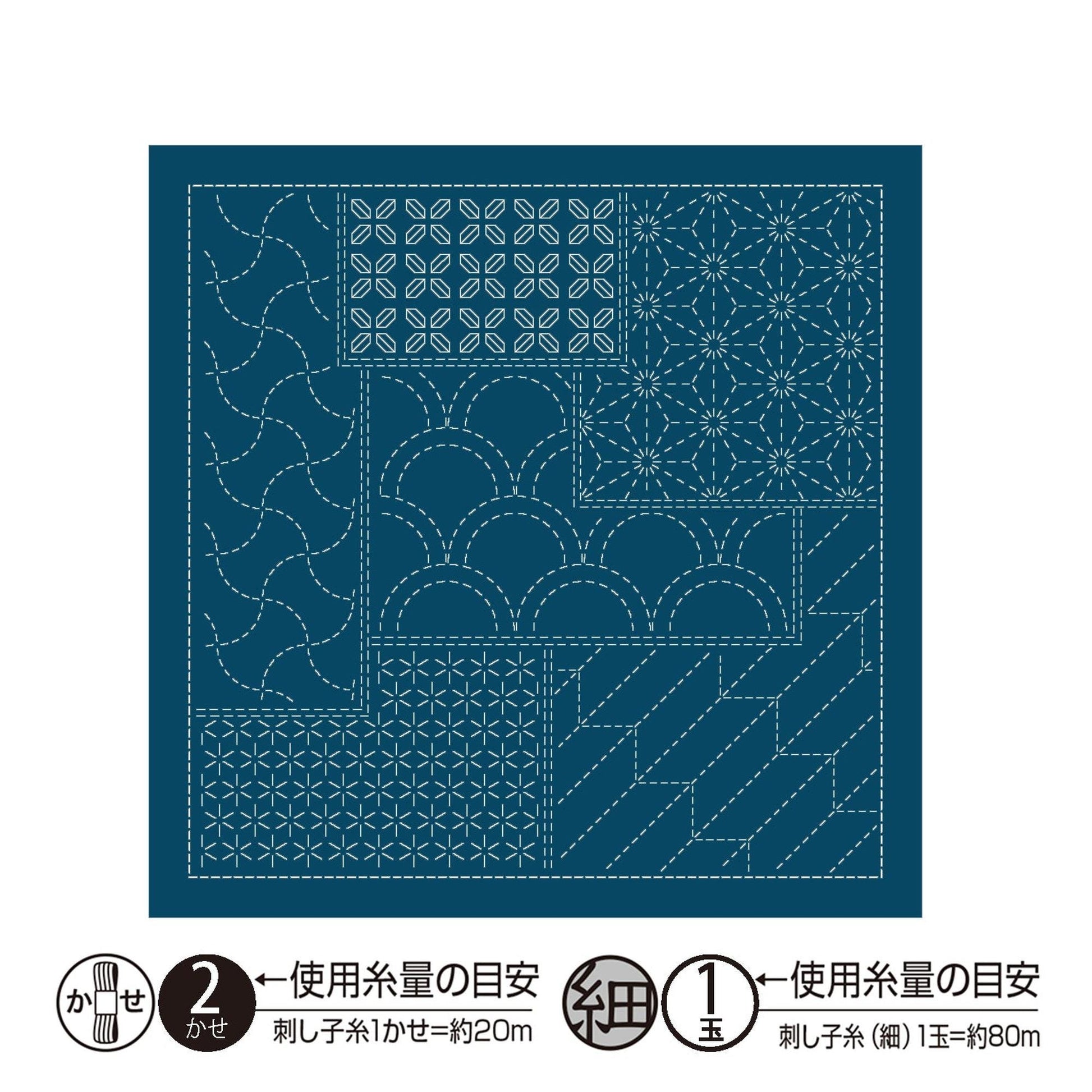 The image is a square with various patterns and designs, including geometric shapes and floral motifs, all rendered in a blue color.