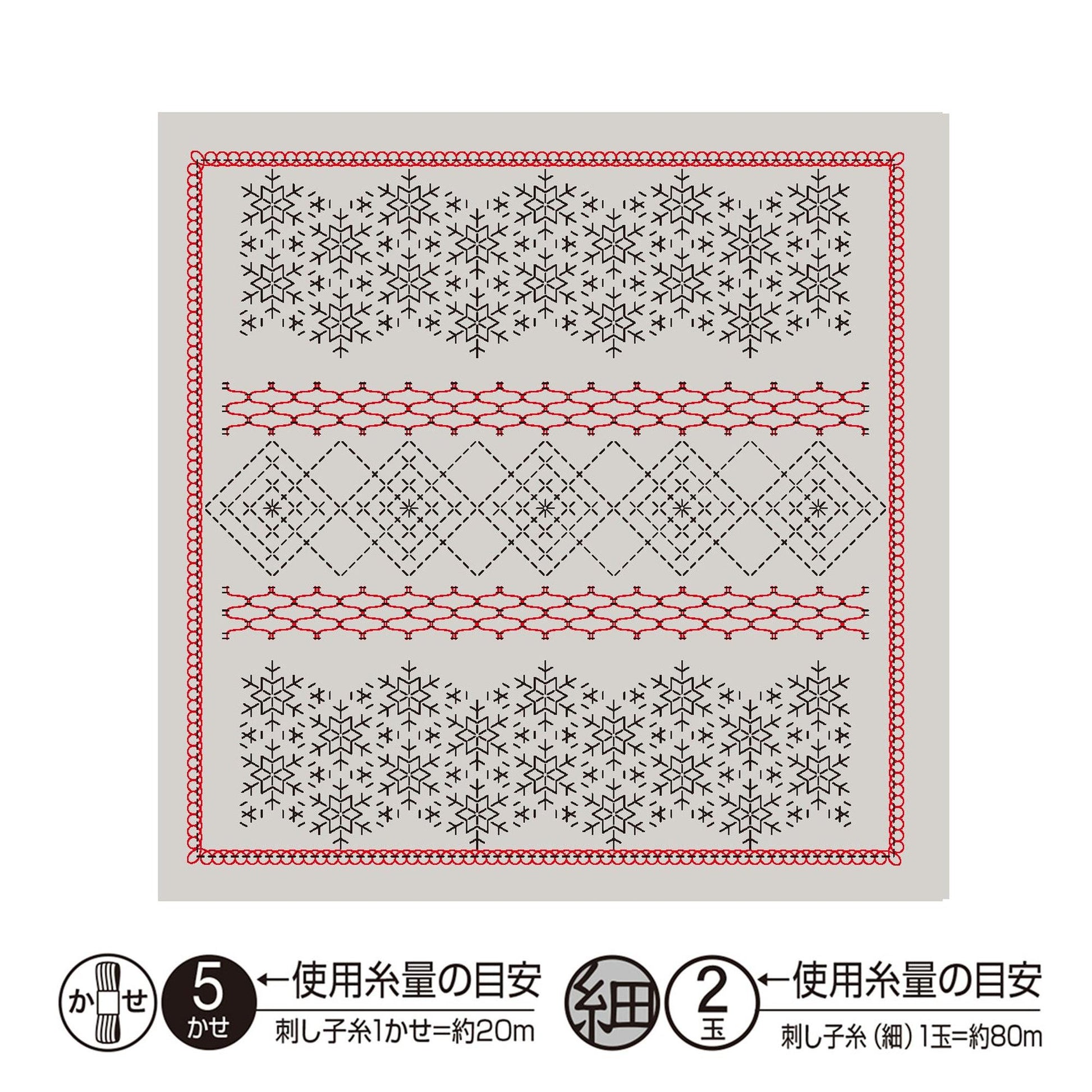 The image is a square with a repeating pattern of snowflakes and geometric shapes in black and red.