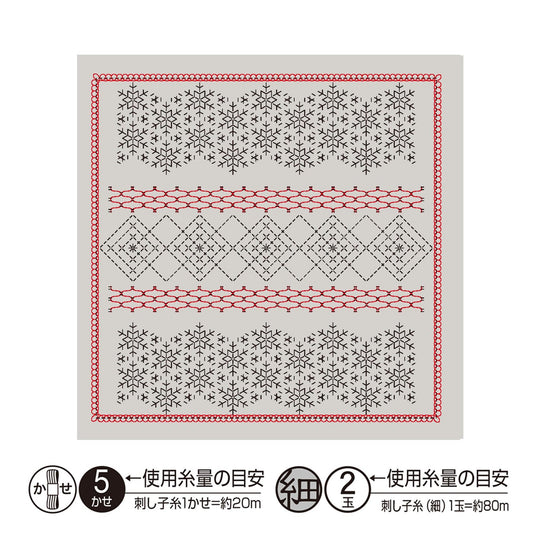 The image is a square with a repeating pattern of snowflakes and geometric shapes in black and red.