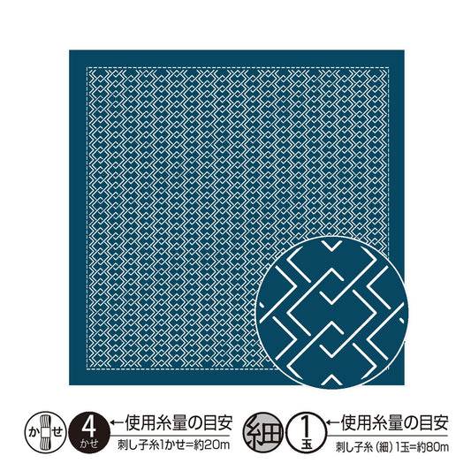 a square with a repeating pattern of blue and white geometric shapes, and there is a circular pattern within the square.