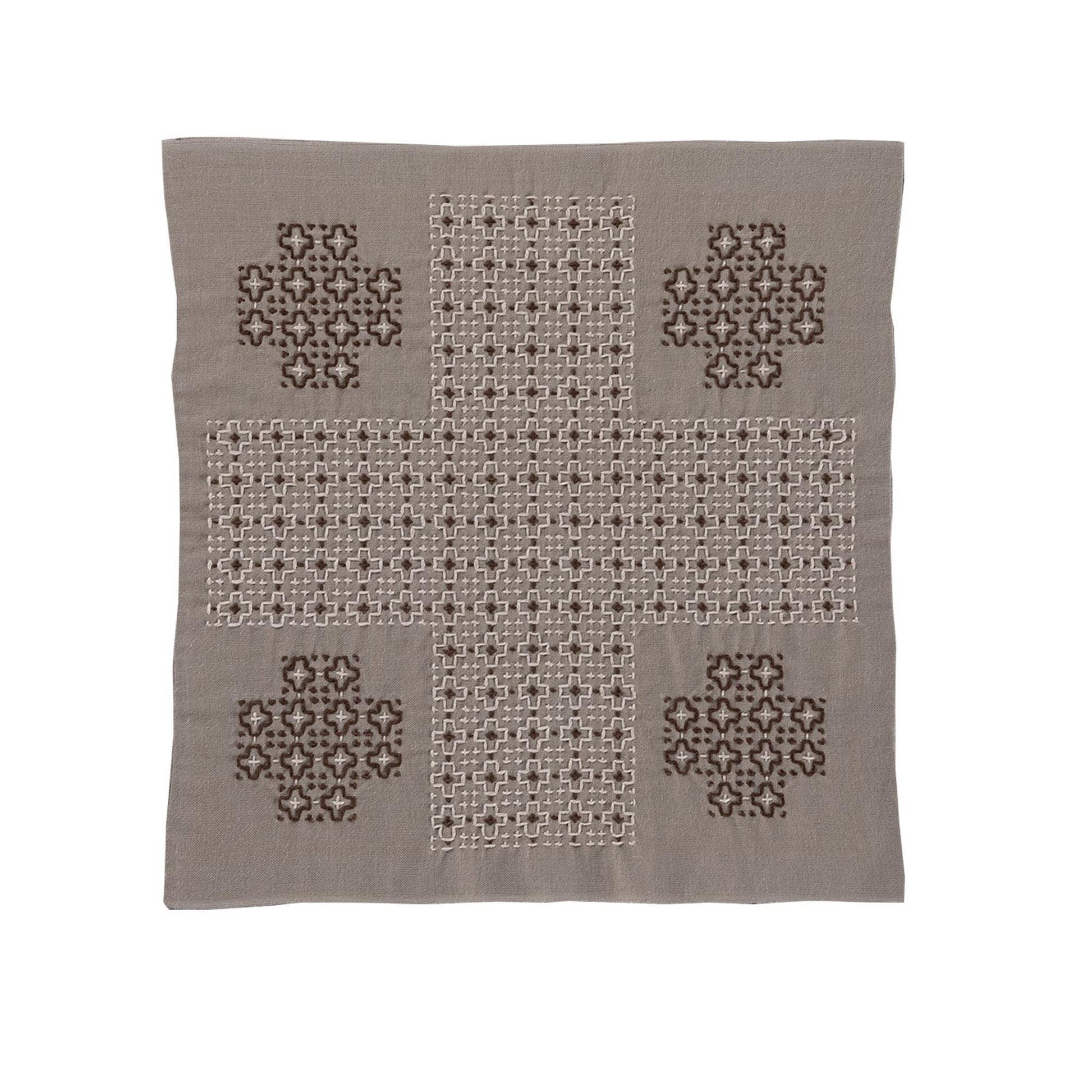 a square-shaped piece of fabric with a cross pattern and four smaller square patterns on each side.