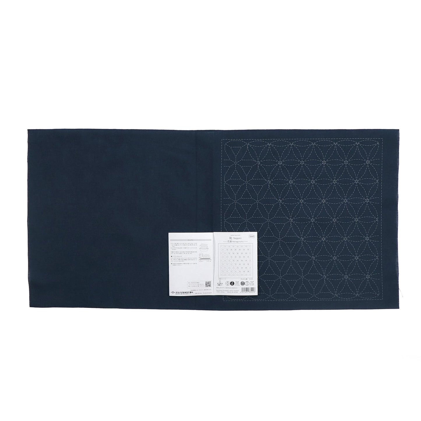 a dark blue fabric with a white label attached to it, which appears to be a sewing or crafting material.