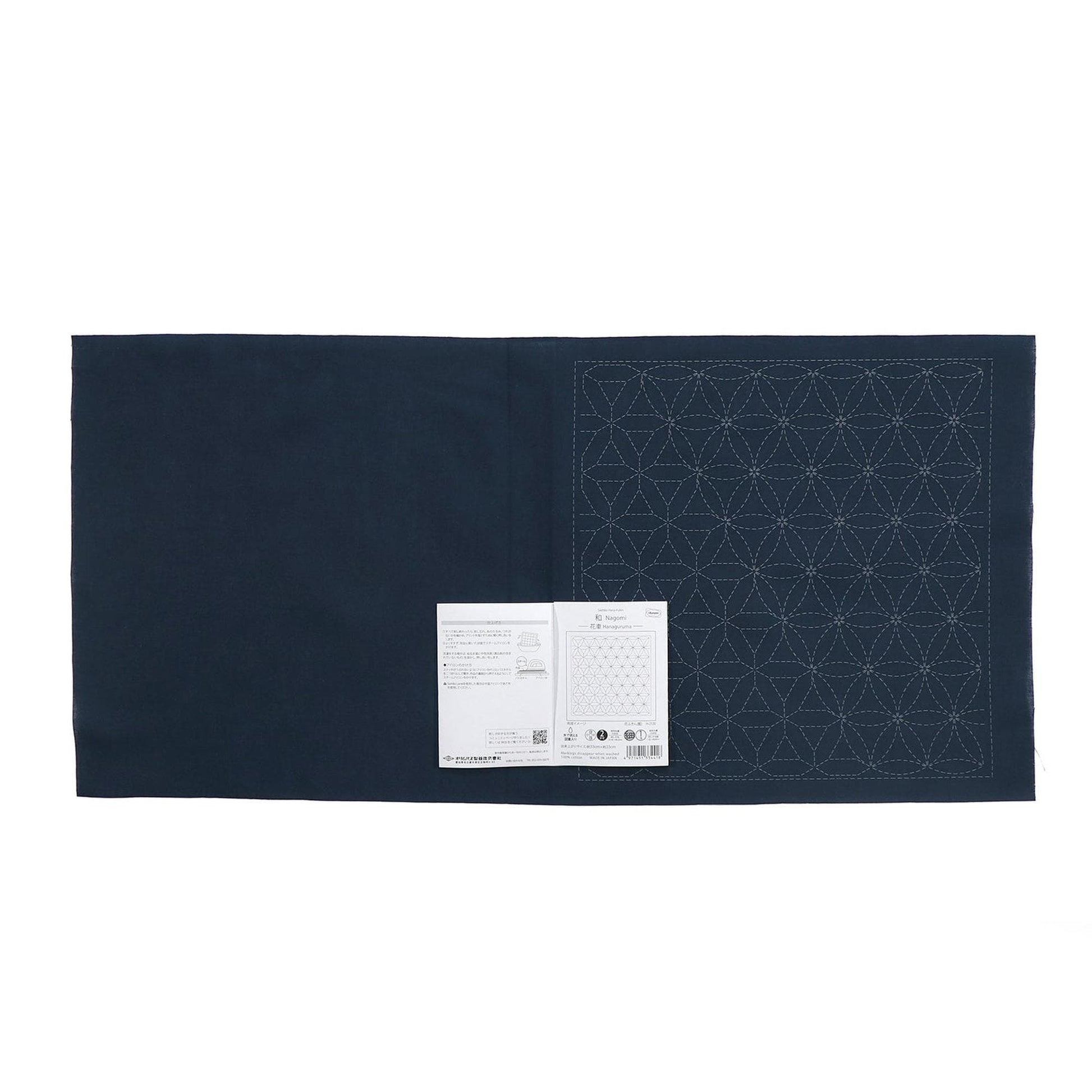 a dark blue fabric with a white label attached to it, which appears to be a sewing or crafting material.
