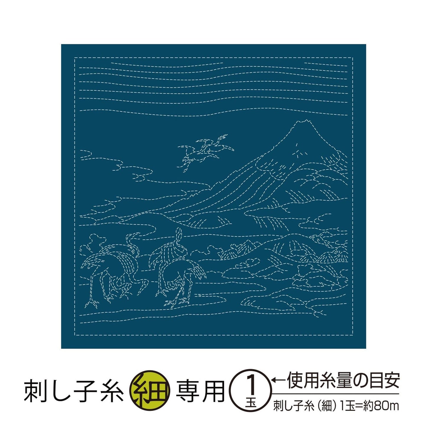 The image is a blue square with a white border, depicting a landscape with mountains, trees, and a bird. The image is a Japanese embroidery design.