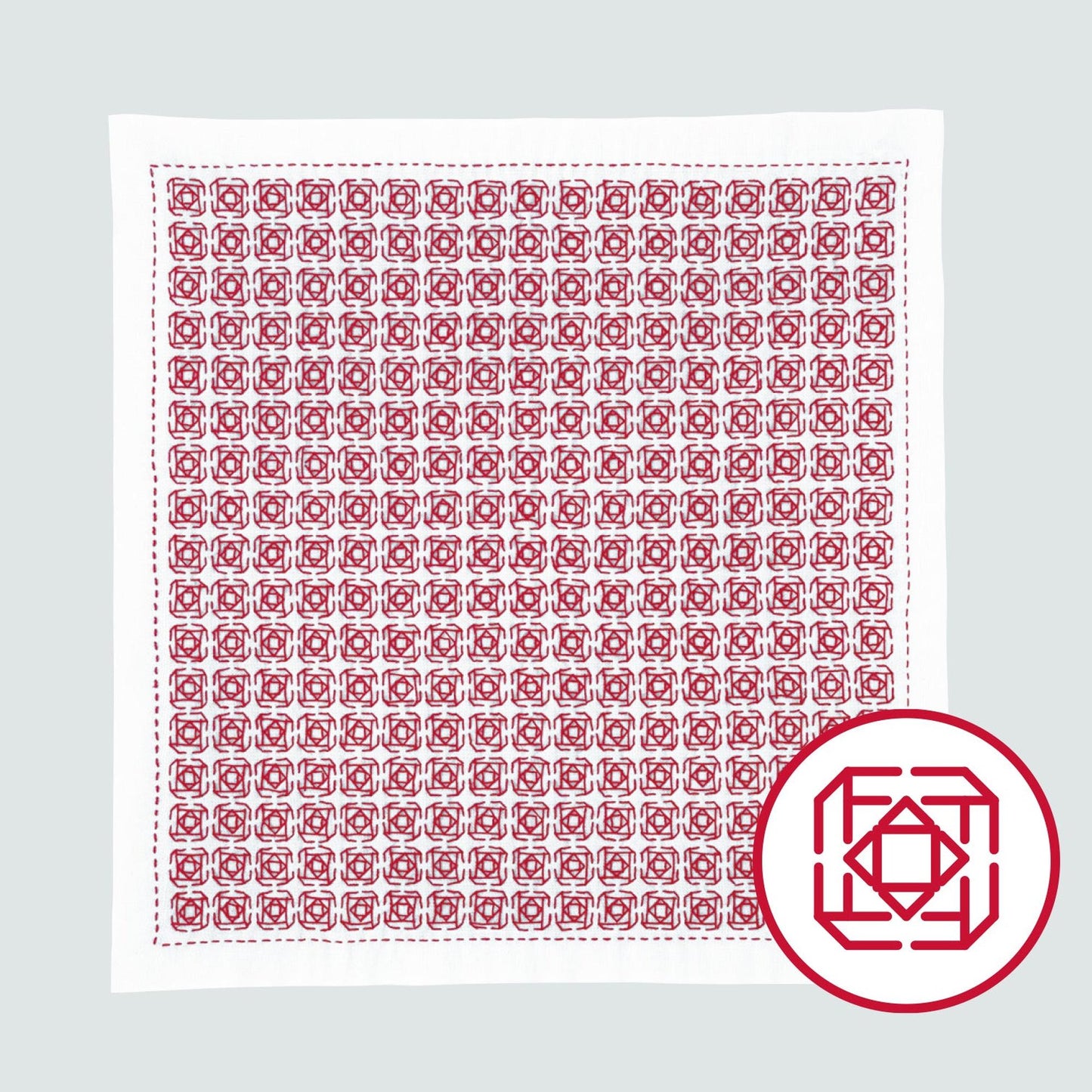 a square-shaped design with a repeating pattern of red flowers on a white background.