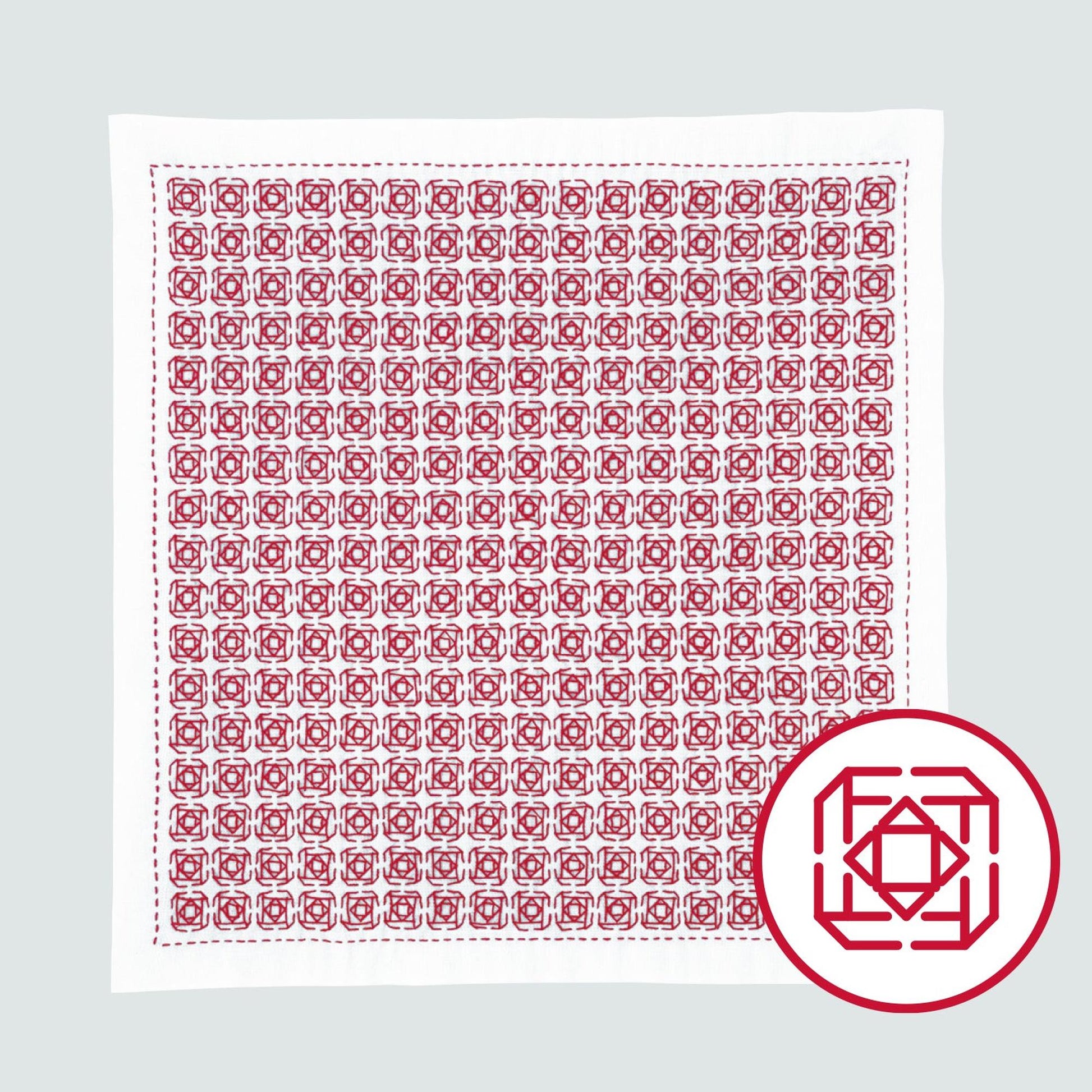 a square-shaped design with a repeating pattern of red flowers on a white background.