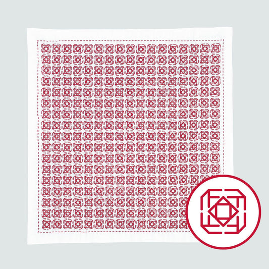 a square-shaped design with a repeating pattern of red flowers on a white background.
