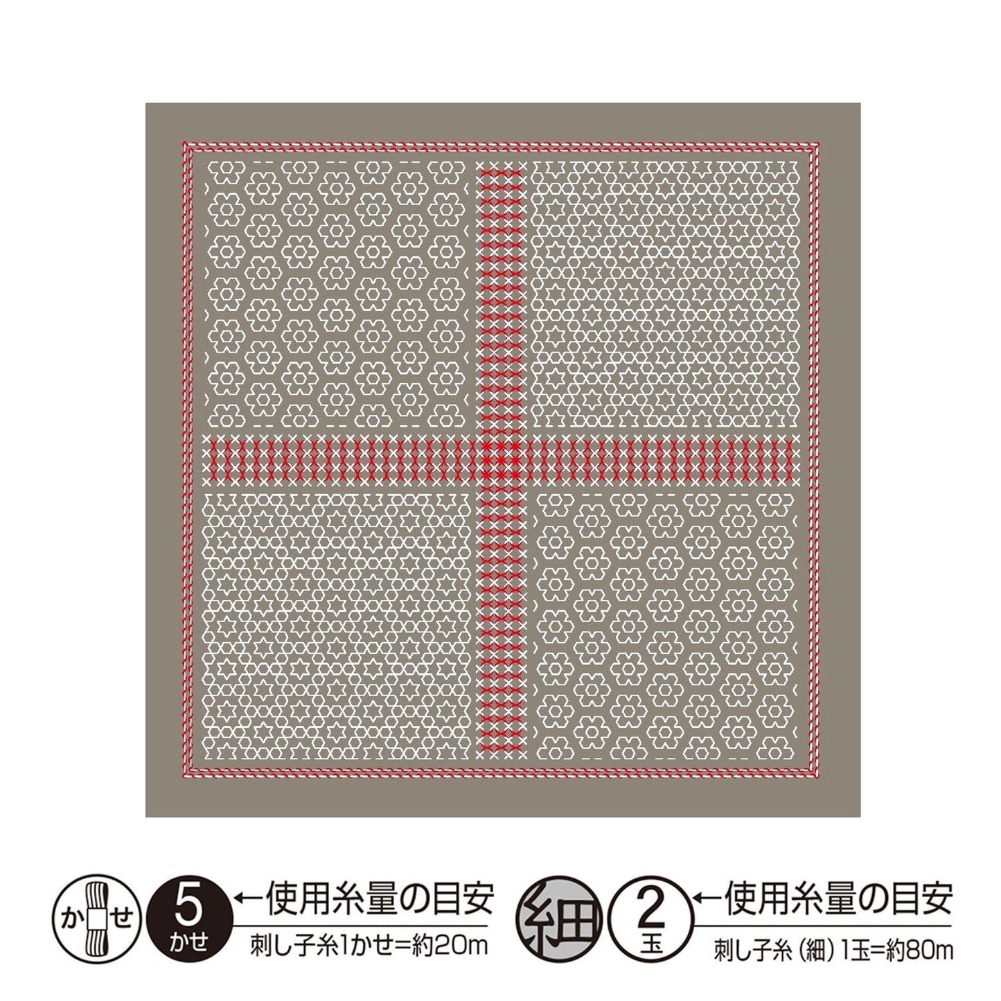 The image is a square with a repeating pattern of gray and red shapes, including flowers and geometric designs. The pattern is framed by a red border. The image is described as a collage of multiple images, and it is not a single image but a collection of images. The image does not contain any text, and the description provided is concise and avoids redundancy.