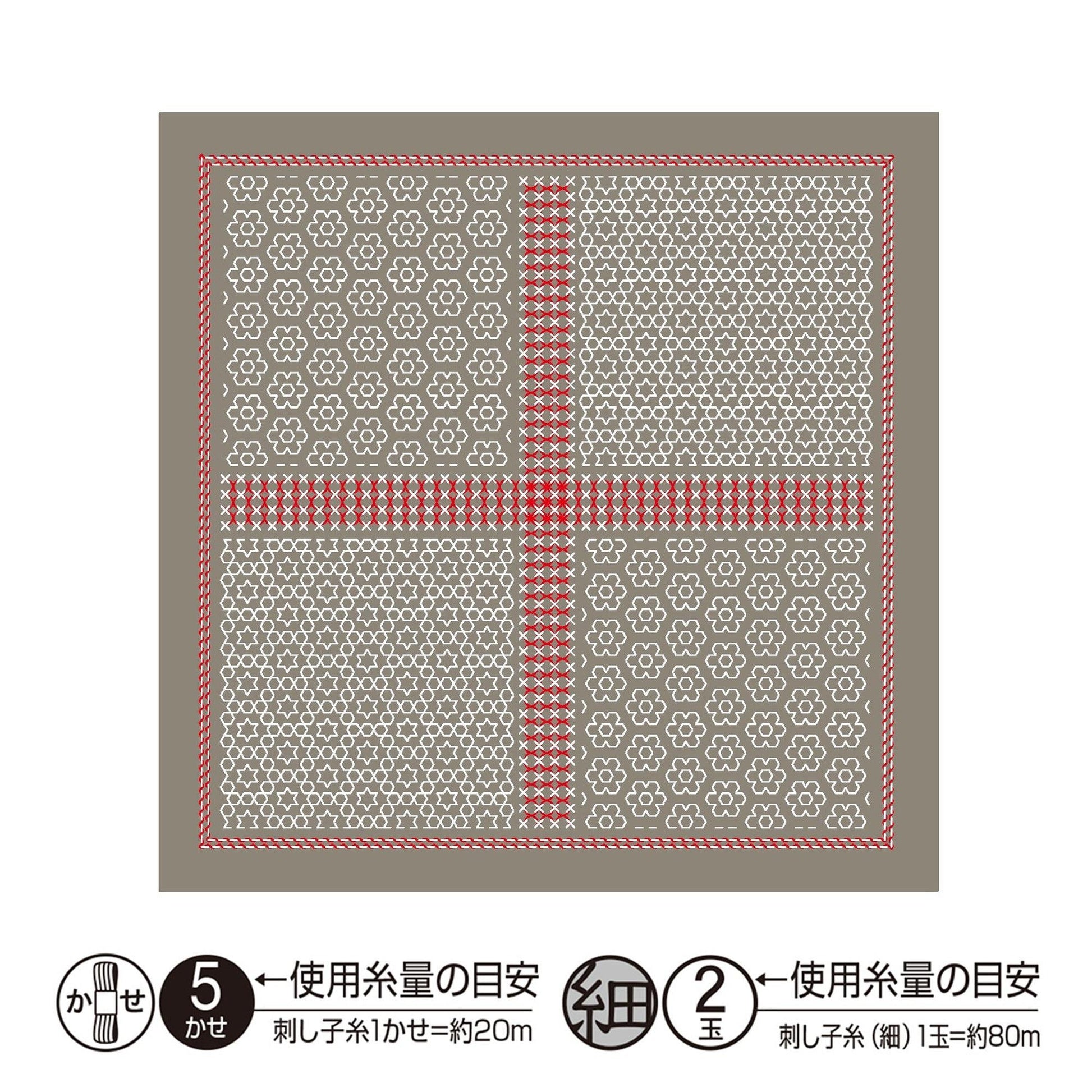 The image is a square with a repeating pattern of gray and red shapes, including flowers and geometric designs. The pattern is framed by a red border. The image is described as a collage of multiple images, and it is not a single image but a collection of images. The image does not contain any text, and the description provided is concise and avoids redundancy.